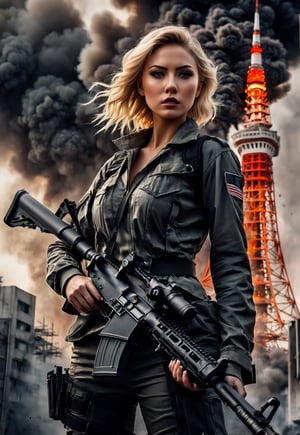 Beautiful American blonde woman with machine gun in hand, in front of an exploding and burning Japanese Tokyo tower, ominous sky, dramatic angle, realistic and detailed horror movie style, surreal, masterpiece,