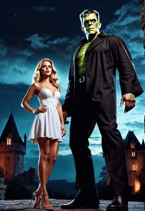 Beautiful English woman and Frankenstein's monster, she standing barefoot, dramatic angle and pose, perfect female anatomy, realistic and detailed, retro horror movie poster style, surreal, ((spooky old castle at night in thunderbolt sky)), masterpiece,
