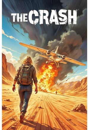 (survival action movie poster), (big title, THE CRASH), (main image, blonde American woman with backpack walking in the desert: 2.0), ((Below, a Cessna plane crashes and bursts into flames in the desert: 2.0)), (realistic style: 2.0), perfect female anatomy, realistic and detailed, action movie, surreal, masterpiece,illustrated