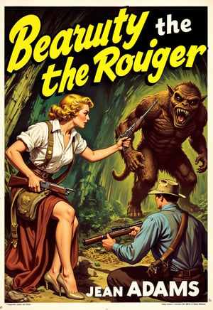 Old, Vintage: 1.2), (Adventure movie poster: 1.3), (Big title, Beauty and the Treasure Forest, subtitles: 1.3), (Jean Adams: 1.3), (Main image, a beautiful blonde explorer woman is exploring a hidden area of ​​the jungle. Overlapping with a scene of a man fighting with a rifle against a giant monster that attacks her in a cave full of treasures: 1.2),illustrated