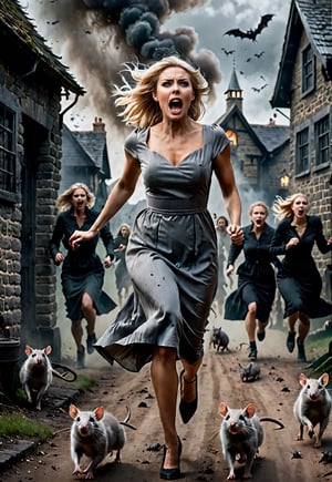 ((Full body angle)), a gray dress Very beautiful blonde British woman, Spooky village, Swarm of bad rats attacking her, Horror movie, Dramatic movement, Dark, running and Screaming with eyes wide open in fear, Scary atmosphere, Movie poster style, Photo,