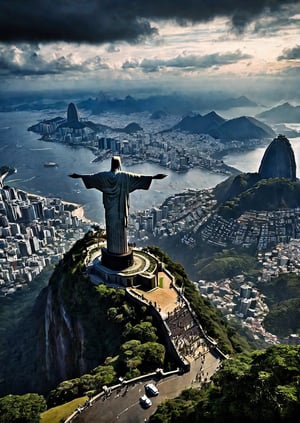 Landscapes, Brazil, Christ the Redeemer landscape, eerie sky, dramatic angles, realistic and detailed action movie style, surreal, masterpiece,