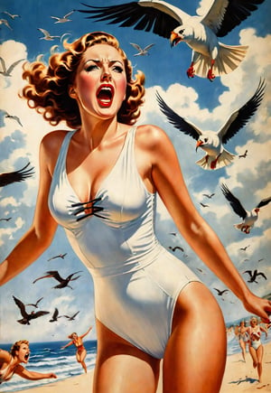 1930s, beautiful British woman in white one piece swimsuit, screaming in fear, dramatic angle and pose, realistic and detailed, flock of birds flying in the spooky sky, retro horror movie poster style, ultra realistic, tigers, people fleeing on the beach, masterpiece,