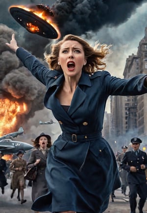 1939s beautiful British woman screaming in fear, lots of peoples running in the background, dramatic angle, perfect female anatomy, realistic and detailed, movie style, super realistic, in front of the big UFO attacking the Manhattan city to beam of light, city on big fire, masterpiece, fighter plane in the spooky sky