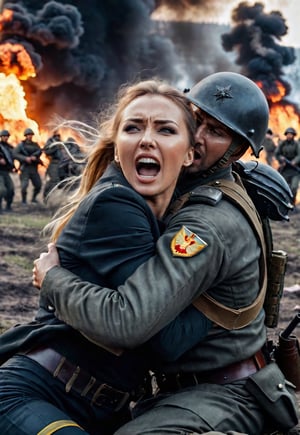 a lot of many bad Russian invaders are touching and hugging a beautiful Ukrainian women's body. She is screaming in fear. Dramatic angles and poses, perfect female anatomy, realistic and detailed, movie style, ultra-realistic, explosion and fire battlefield, masterpiece,