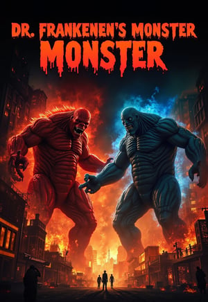 (horror movie poster), (big title, Dr. Frankenstein's monster: Sanda vs Gaira), (scene of two monsters fighting in a burning city with tremendous flames: 2.0), (main image, two giant humanoid monsters (Sanda with red body and Gaira with blue body) fighting in a burning city: 2.0), (realistic style: 2.0), ((close-up of the male and female chemists who created them overlaps at the bottom)), realistic details, horror movie, surreal, masterpiece