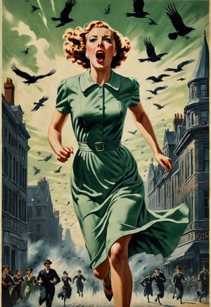 1930s, pale green dress beautiful British woman running, screaming in fear, dramatic angle and pose, realistic and detailed, flock of crows flying in the spooky sky, retro horror movie poster style, ultra realistic, people fleeing on the city, masterpiece,