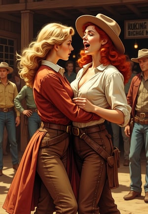 Old, Vintage: 1.2), (Western Poster: 1.3), ((Big Title, Taming of the Shrew, Subtitles: 1.3)), (Britt Lind: 1.3), A story of a brave woman living in the West, Two women, a beautiful American blonde country girl and a red hair barmaid dressed in a flashy outfit, fight each other, shouting and punching each other with fierce expressions, ((clothes are torn to shreds)), a flashy cat fight scene with them riding each other, dramatic movements, customers watching the fight, bar square, atmosphere, cinematography, photography