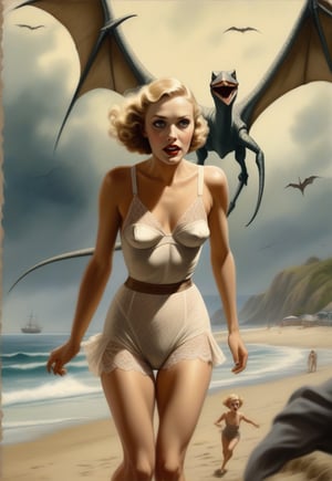 1930s, Pteranodon flies over a blonde British woman (wearing lacy underwear), scaring her into fleeing, on the spooky beach, realistic, detailed, horror movie-esque, surreal, masterpiece
