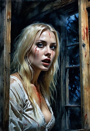 Complex horror movie, naked beautiful Ukrainian blonde woman looks through the window of her cabin in the woods at midnight and notices creepy zombies approaching the cabin, in fear, dramatic movement, atmosphere, cinematography, photography, pencil, watercolor, bright and rich colors, Gabriel Dello, Charles Victor Tillion, Karl Eugen Kiel, Carl Lundgren, pencil drawing, ((Close-up angle))