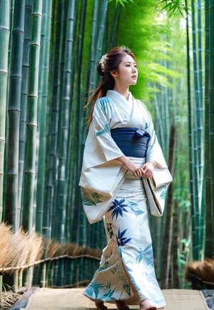 Prompt: One young Japanese woman, award-winning beautiful face, long hair blowing in the wind, charming, neat kimono, calm posture, 8k, raw, high resolution, masterpiece, dslr, hdr, background of Japanese bamboo forest with temple, film still, movie still, cinematic, movie still