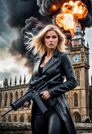 Beautiful American blonde woman with machine gun in hand in front of an exploding and burning clock tower in England, ominous sky, dramatic angle, realistic and detailed horror movie style, surreal, masterpiece,