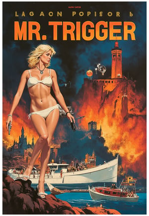 (Spy action movie poster: 1.3), (Big title, Mr. Trigger appears out of nowhere, subtitles: 1.3), (Glenn Carter: 1.3), (Cool British spy agent saves sexy blonde bikini lady and escapes from bombed out terrorist fortress by boat: 1.2), (Gorgeous, acrobatic, exhilarating action: 1.1)