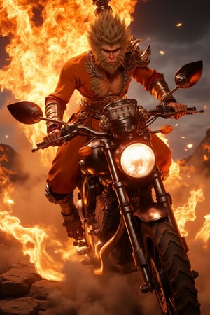 Wukong rides a motorbike and breathes fire like a circus performer