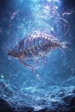 In a dreamy, ambient-lit scene, Glitch Core glides effortlessly through a vast, crystalline expanse. Its glass shell refracts light into a kaleidoscope of colors, as metal tendrils beneath seem to pulse with an otherworldly energy. The creature's sinuous form undulates like a snail's shell, while crustacean-inspired claws reach for the unseen horizon. A fish-like skeleton provides structural support, visible through the crystal's transparency. Global illumination casts an ethereal glow, highlighting the intricate dance of curves and lines within this wondrous, otherworldly being.