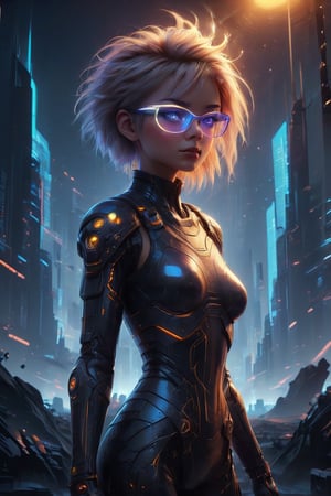 A captivating cyberpunk girl stands amidst a futuristic metropolis, wearing clear neon glasses that refract the city's dazzling lights. Her piercing gaze is set off by intricate, golden-ratio details on her face and clothes. In stunning 32K UHD, she poses against a decadent, highly detailed digital backdrop, reminiscent of Octane Render's artistry. Heartwarming, uplifting, and charming, this masterpiece features sharp focus, smooth textures, and exquisite eyes that seem to sparkle with inner light. The setting sun casts beautiful rim lighting, subsurface scattering, and subtle light leaks, casting a warm glow on the city's towering skyscrapers.