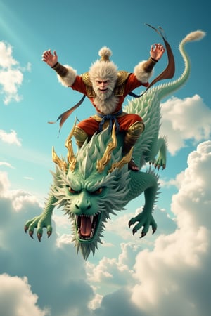 Wukong, the Monkey King, sits triumphantly atop a majestic dragon soaring through a cerulean sky, wispy clouds scattered like puffs of smoke beneath. The dragon's scales glint like jade in the soft, golden light, while Wukong's mischievous grin and outstretched arms command attention, his wispy beard streaming behind him like a banner.