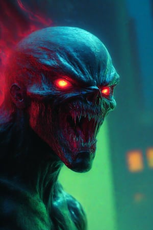  A close-up shot of Venom's grotesque face, with a eerie green glow illuminating his features. His eyes burn with an intense red light, as if fueled by his alien symbiote. The camera frames him in a dark alleyway, the cityscape blurred behind him. Venom's mouth is frozen in a snarl, ready to strike.