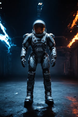 In a dimly lit spaceport hangar, a rugged space explorer stands tall, encased in an imposing high-tech space suit, against a darkened background where plasma streams of fiery blue and orange hues dance with intensity. The adventurer's suit glows with subtle, intricate details, showcasing subsurface scattering that highlights its metallic sheen and robotic enhancements on their arm, a testament to their unyielding spirit.