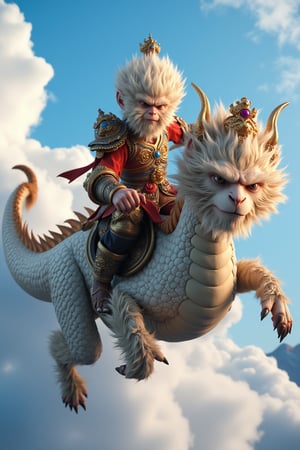 Wu Kong, mythical Monkey King from Chinese folklore, sits majestically on a majestic dragon's back as it soars through a serene blue sky with only a few wispy clouds. The dragon's scales glisten in the soft, warm light of dawn, while Wu Kong's face is set in a determined expression, his eyes fixed on some distant point ahead.