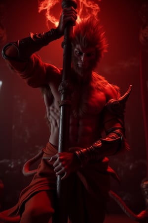 Wukong's sultry evening scene: Amidst a dimly lit backdrop, the Monkey King wraps himself around a pole in a provocative pose, sinuous arms entwined like a mythical serpent. Silk pajamas shimmer under crimson lighting, accentuating his chiseled physique as he performs a mesmerizing dance from a low-angle camera shot, highlighting curvaceous body and fluid movements against a dramatic, darkened setting.