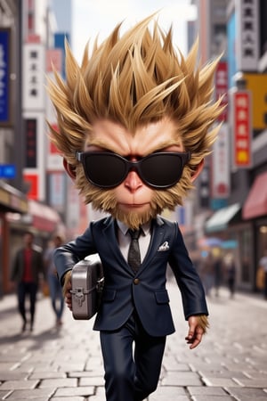 Close-up shot of Wukong's piercing gaze, framed by sleek suit and shades, silver briefcase clutching hand. Confidently standing on bustling city street, vibrant colors and intricate details in 3D chibi style. Octane render brings forth textures and reflections, rendering him hyperrealistic as he walks effortlessly down sidewalk.