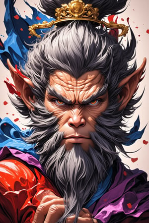 A majestic, close-up portrait of Wukong's wise and powerful head, rendered in exquisite ink art style with bold brushstrokes. His piercing eyes seem to gaze into the depths of eternity as a halo of subtle, swirling patterns surrounds his noble visage. Vibrant colors dance across the canvas, imbuing the masterpiece with an aura of mystique.,Ink art style