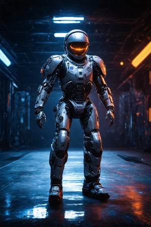 In a dimly lit, metallic-littered spaceport hangar, a rugged space adventurer stands tall, encased in an imposing high-tech space suit. Glowing plasma streams made of fiery blue and orange hues dance across the darkened background as the explorer's suit glows with subtle, intricate details. The 8K cinematic rendering captures every nuance, from the subsurface scattering that highlights the suit's metallic sheen to the robotic enhancements on their arm, a testament to the adventurer's unyielding spirit.