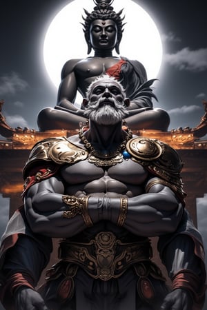 "Man, beard, chest muscles, chest hair, eight pack abs, jewelry, dynamic pose, eyes closed, white hair, night, full moon, armor, crown, reality, huge Buddha behind, a temple, plaque that says \"Tusi\""