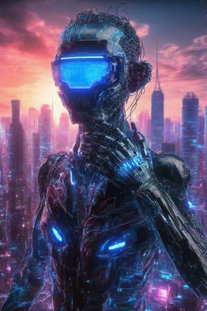 A futuristic cyborg stands at the edge of a neon-lit cityscape, its metallic limbs and glowing blue circuits glistening under the artificial sun. The character's face is obscured by a sleek, mirror-like visor, with wires and fiber-optics snaking around its ears and neck. A cityscape sprawls behind it, with towering skyscrapers and holographic advertisements casting a kaleidoscope of colors across its mechanical form.