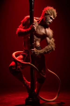 A sultry evening scene: Wukong, Monkey King from Chinese mythology, is entwined with a pole in a provocative pose, his arms wrapping around it like a mythical serpent. He wears sleek, silk pajamas that seem to shimmer under the dim red lighting, emphasizing his chiseled physique. The camera captures his mesmerizing performance from a low angle, highlighting the curves of his body and the fluid motion of his dance.