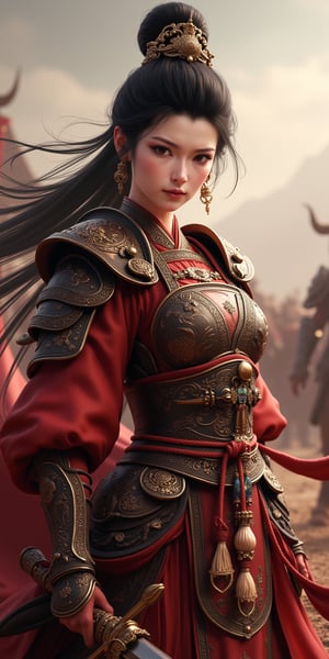 Paint a highly detailed, dramatic image of Diao Chan, the legendary beauty from ancient China's "The Romance of the Three Kingdoms." In the picture, Diao Chan shows not only her elegance and beauty, but also her heroic posture in battle. She is as beautiful as a fairy, with delicate facial features and flawless skin like porcelain. Her long black hair flutters gently in the wind, and her bun is decorated with exquisite hairpins. Diao Chan wears a gorgeous and traditional Chinese battle armor, which is inlaid with exquisite patterns of gold and crimson, which not only highlights her feminine charm, but also reflects her strength and agility on the battlefield. Her eyes are sharp and determined, revealing her inner strength and determination. Diao Chan held a slender sword in her hand. The hilt was inlaid with jade and precious gems. The blade was slightly curved and exquisitely designed, suitable for quick and precise attacks. The background depicts a battlefield. Diao Chan stands in the center of the battlefield, with dust and gravel flying around her. Her posture is confident and majestic, exuding a dynamic and awe-inspiring aura. The overall image perfectly captures Diao Chan's legendary beauty and her prowess on the battlefield, making her a both charming and unignorable heroine in Chinese history. (RAW Photo, Best Quality), (Real, Photo Real: 1.1), Best Quality, Masterpiece, Beauty and Aesthetics, 16K, (HDR: 1.2), High Contrast, (Vivid Colors: 1.3) , (soft colors, dull colors, soothing tones: 1.2), cinematic lighting, ambient light, side lighting, fine details and textures, cinematic lenses, warm colors, (bright and intense: 1.1), wide angle lenses, surreal illustrations, Siena's natural proportions, dynamic posture, precise anatomy of body and hands, four fingers and a thumb,
,(masterpiece:1.3), (8k, photorealistic, RAW photo, best quality: 1.4), (1girl), beautiful face, (realistic face), beautiful hairstyle, realistic eyes, beautiful detailed eyes, (realistic skin), beautiful skin, clean skin, ultra high res, ultra realistic, hightly detailed, golden ratio, K_GIRL,wonder beauty,Wukong