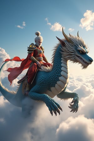 Wu Kong, mythical Monkey King, sits regally on a majestic dragon's back as it soars against a serene blue sky dotted with wispy clouds. Soft dawn light casts a warm glow, highlighting the dragon's scales that glisten like precious gems. Wu Kong's determined expression and fixed gaze, directed at some distant horizon, convey unwavering resolve as the dragon's wingspan fills the frame, its claws grasping the air, while the Monkey King's royal cloak flows in the wind, billowing behind him.