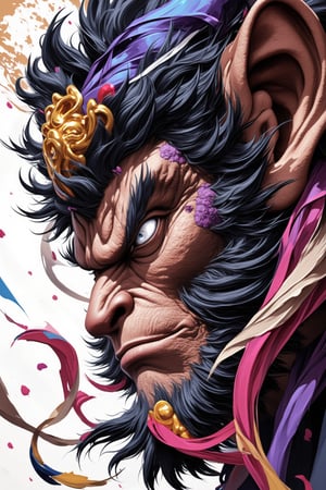 A majestic, close-up portrait of Wukong's wise and powerful head, rendered in exquisite ink art style with bold brushstrokes. His piercing eyes seem to gaze into the depths of eternity as a halo of subtle, swirling patterns surrounds his noble visage. Vibrant colors dance across the canvas, imbuing the masterpiece with an aura of mystique.,Ink art style