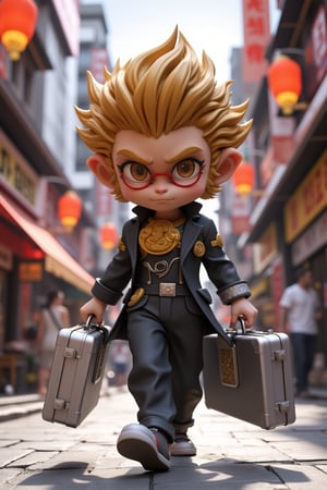 Wukong's piercing gaze dominates the frame, his eyes locking onto something distant as he stands tall on a bustling city street. The sleek suit and shades accentuate his confident pose, silver briefcase grasped firmly in hand. Vibrant colors and intricate details define this 3D chibi artwork, with Octane render adding texture and realism to the character's smooth features as he strides effortlessly down the sidewalk.