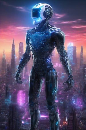 A futuristic cyborg stands at the edge of a neon-lit cityscape, its metallic limbs and glowing blue circuits glistening under the artificial sun. The character's face is obscured by a sleek, mirror-like visor, with wires and fiber-optics snaking around its ears and neck. A cityscape sprawls behind it, with towering skyscrapers and holographic advertisements casting a kaleidoscope of colors across its mechanical form.