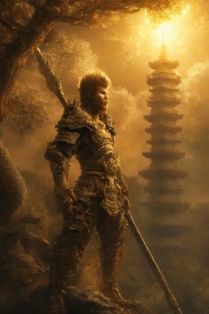 Golden light pours over Wukong's regal form, illuminating the gleaming armor and flowing beard like a river of sunshine. He stands proudly, one hand grasping the reins of a majestic dragon whose scales glint in harmony. Ancient trees tower behind him, their leaves rustling softly as he surveys his kingdom with wise, knowing eyes.