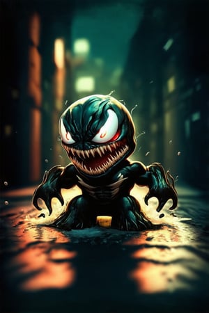 VenomChibi, A close-up shot of Venom's grotesque face, with a eerie green glow illuminating his features. His eyes burn with an intense red light, as if fueled by his alien symbiote. The camera frames him in a dark alleyway, the cityscape blurred behind him. Venom's mouth is frozen in a snarl, ready to strike.