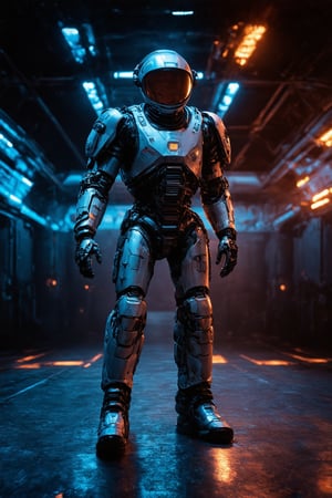 In a dimly lit, metallic-littered spaceport hangar, a rugged space adventurer stands tall, encased in an imposing high-tech space suit. Glowing plasma streams made of fiery blue and orange hues dance across the darkened background as the explorer's suit glows with subtle, intricate details. The 8K cinematic rendering captures every nuance, from the subsurface scattering that highlights the suit's metallic sheen to the robotic enhancements on their arm, a testament to the adventurer's unyielding spirit.