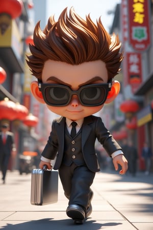 Close-up shot of Wukong's piercing gaze, framed by a sleek suit and shades. A silver briefcase clutches his hand as he stands confidently on a bustling city street, rendered in stunning 3D chibi style with intricate details and vibrant colors. Octane render brings forth the textures and reflections, making him appear hyperrealistic as he walks effortlessly down the sidewalk.