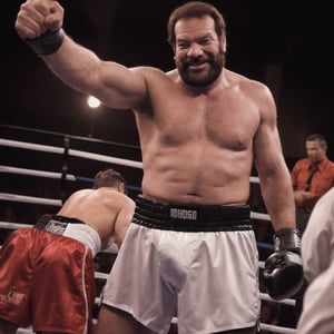 Bud Spencer, punching camera, pinting, pointing with fist, heavy weight boxer, boxing ring, looking at camera, solo, smile, black hair, solo focus, facial hair, beard, upper body, movie scene, wide angle, photography, old film, masterpiece, best quality, beautiful, high quality, highres, extremely detailed, ambient soft lighting, 16k, 64k, photoreal, realistic, photorealistic,photorealistic