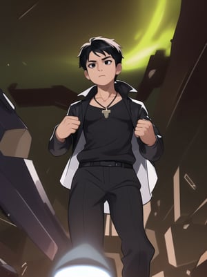 boy, super hero suit, black-hair, black eyes, magic necklace