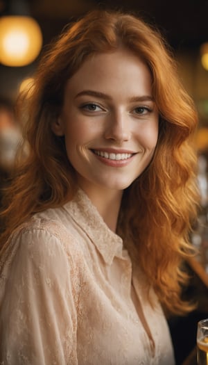 a close up photo of a 20 year old french woman in a blouse at a bar, seductive smile, ginger hair, cinematic light, film still,

