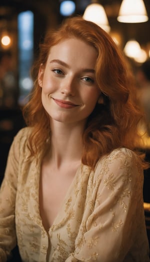 a close up photo of a 20 year old french woman in a blouse at a bar, seductive smile, ginger hair, cinematic light, film still,

