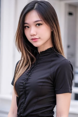 20 years old woman, (photorealistic:1.4, realistic), highly detailed CG unified 8K wallpapers, 1girl, (((thick body:0.8))), looking at viewer, (HQ skin:1.4), 8k uhd, dslr, soft lighting, high quality, film grain, Fujifilm XT3, ((upper body shot:1.2)), (((black silk collared shirt))), ((simple background, black background)),   