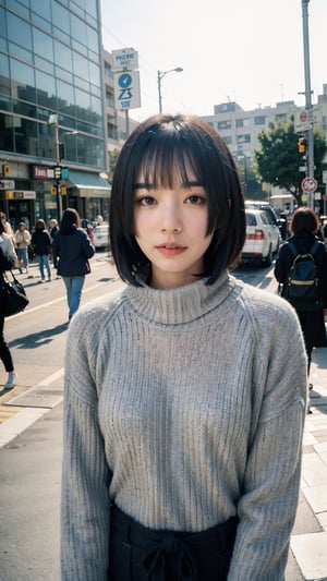 (Candid photography:1.3) photo of a beautiful woman, (long hime cut hairstype:1.3), (short hair:1.3), dressed in a cowl neck sweater, long pants, cowl neck sweater, walking in the center of the city, upper body, soft diffused lighting, eye level, shot on Aaton LTR with technicolor, (in style of Tyler Shields:1.2)