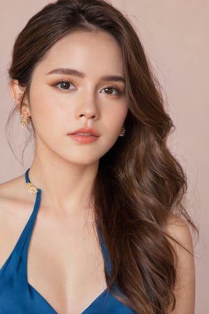 (glamour photography) photo of a gravure model in her 20s wearing blue dress, FilmGirl, (jawline:1.2), (blush:0.9), (goosebumps:0.5), {ponytail|long wavy hair}, textured skin, remarkable detailed pupils, realistic dull skin noise, visible skin detail, skin fuzz, dry skin, perfect body, (voluptuous:1.4), (petite:1.2), beautiful, masterpiece, hi-res, hdr, 8k, remarkable color, ultra realistic, (pretend to be a goddess imposing her beauty:1.4), (upper body from waist framing:1.6), (dfdd balcony:1.2), golden hour lighting, (ray tracing:1.2), subsurface scattering, {from above|from bottom}, shot on Pentax 645Z, RAW photo shot, Fujicolor Pro film