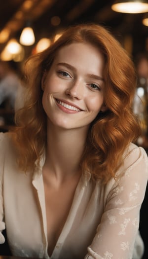 a close up photo of a 20 year old french woman in a blouse at a bar, seductive smile, ginger hair, cinematic light, film still,

