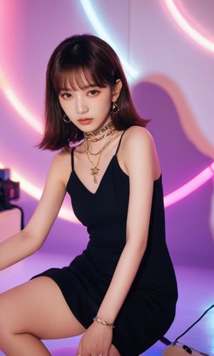 xxmixgirl,woman in a black dress posing for a picture, “uwu the prismatic person, kpop style colors, shot at night with studio lights, neck chains, inspired by Wang Yuanqi, brown hair with bangs, 1: 1 album artwork, streaming on twitch, plastic doll, lisa, lolita, glamorous angewoman digimon