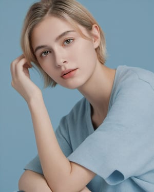 ,  portrait of a teen girl, 18 years old, shy, introvert, short straight blonde hair, light blue background, loose outfit, high resolution, photorealistic, photo, realism, sharp photography, a photograph of, maximum detail, sharp focus, intricate details, ultra - realistic, cinematic lighting, volumetric lighting, photography, beautiful details, cinematic lighting, render, 8k, Portra 800 medium format film, 105mm SMC Takumar, 3200 dpi scan, mist, octane render, unreal engine, 8k, photorealistic, digital, detailed, extra fine details, award photo quality, photorealism, 8k, uhd, unreal engine, octane, highly realistic resolution uhd 8k octane,